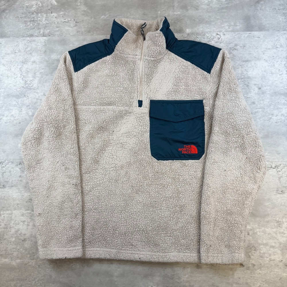 The North Face Mens Medium Sherpa Fleece Quarter Zip Pullover Beige Navy Blue
